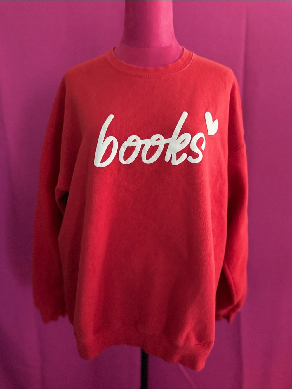 Cozy Red Crewneck Sweater with 'books' Script